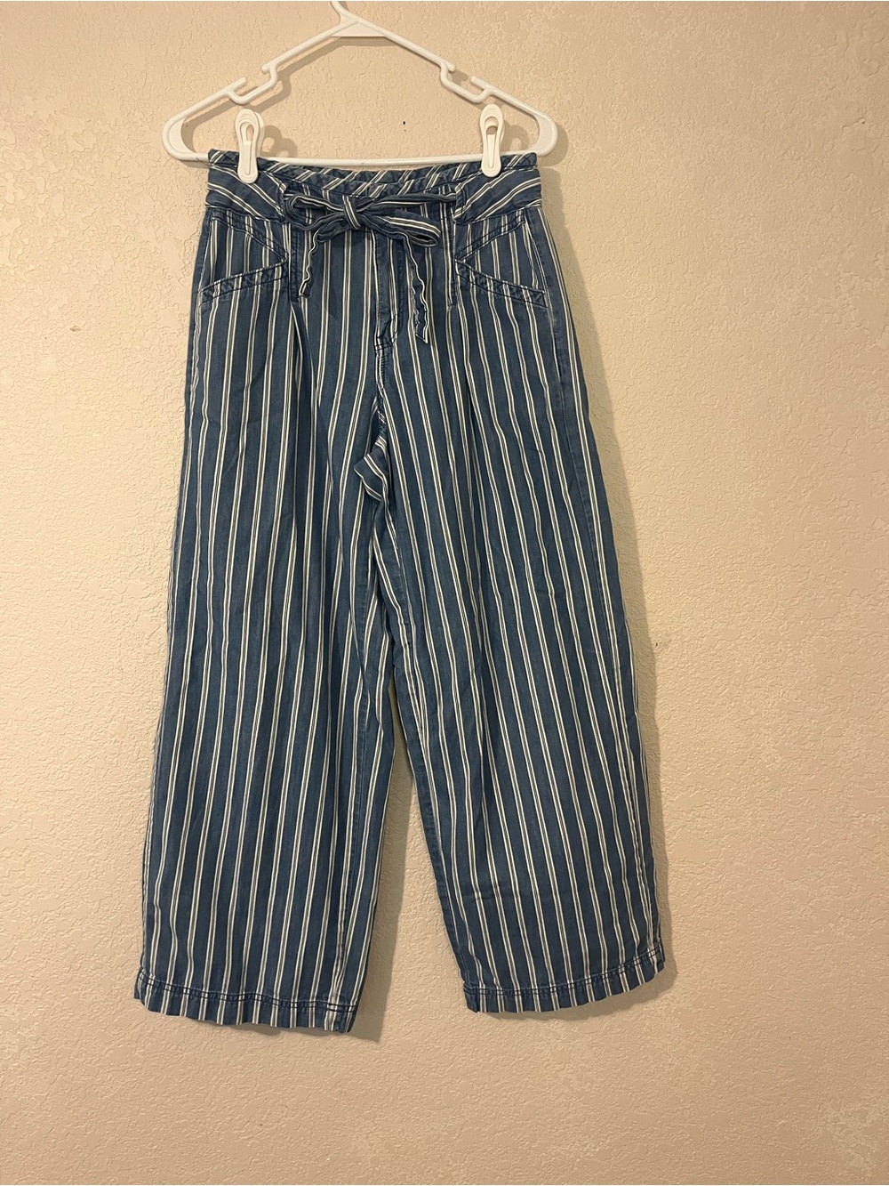 American Eagle Outfitters Blue and White Striped Tie-Waist Cropped Pants